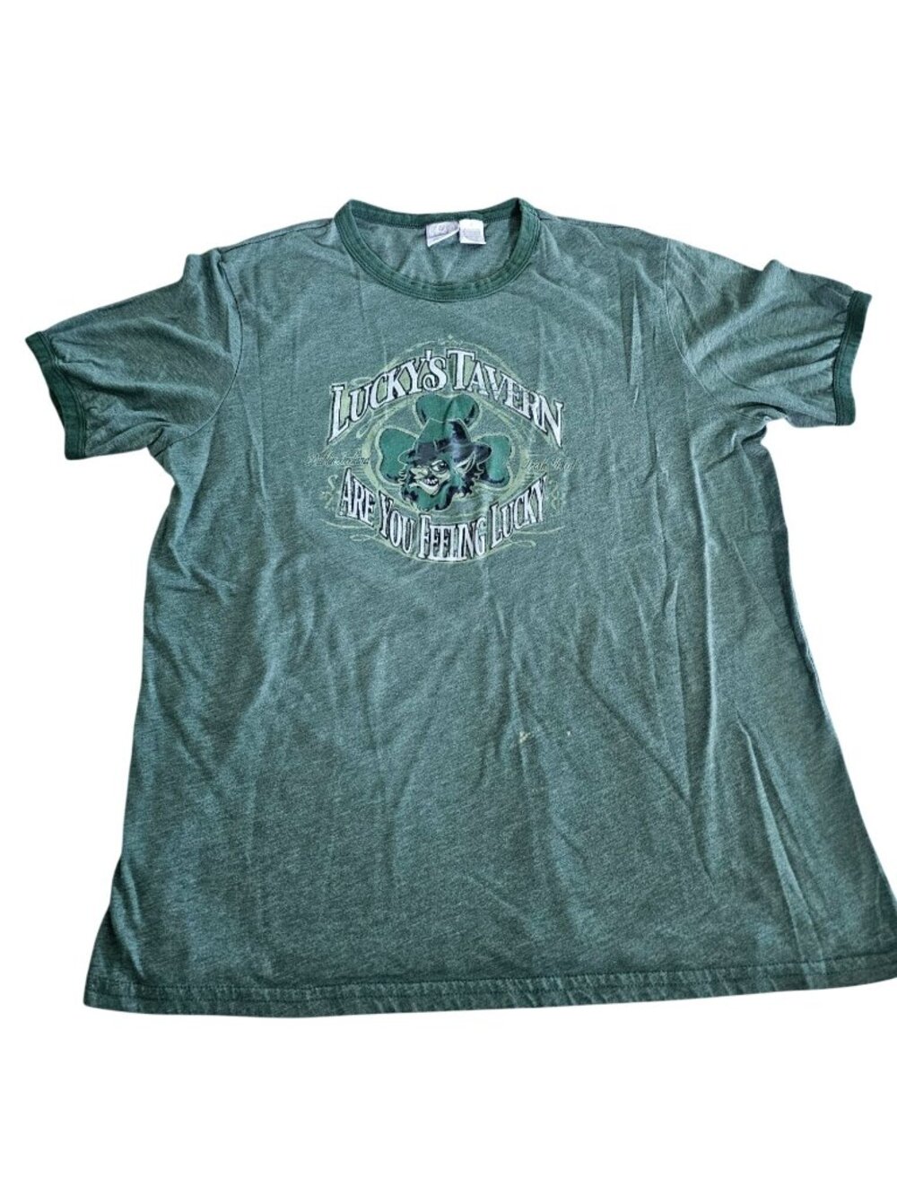 Luckys Tavern Are You Feeling Lucky T-Shirt Mens Size L Green Irish Bar Graphic